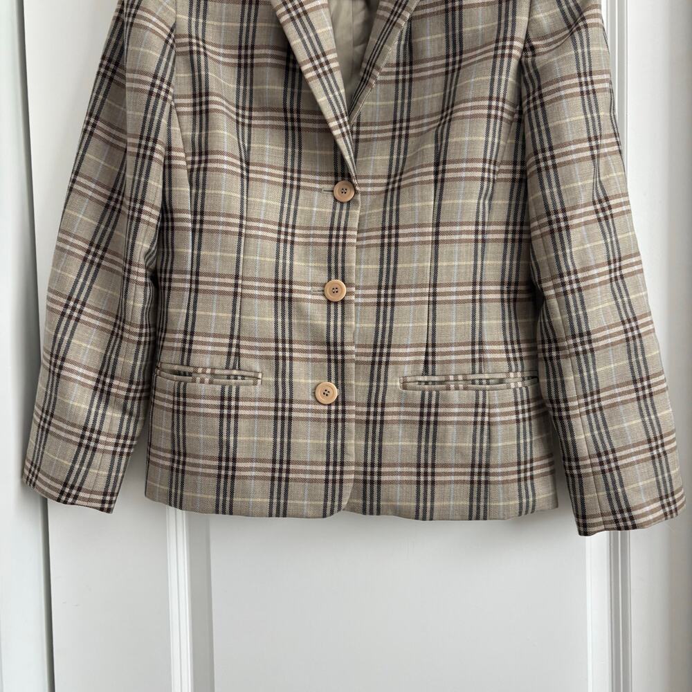 Vintage Liz Claiborne Classic Wool Plaid Tweed Suede Collar Jacket 4 Academic - Picture 6 of 10